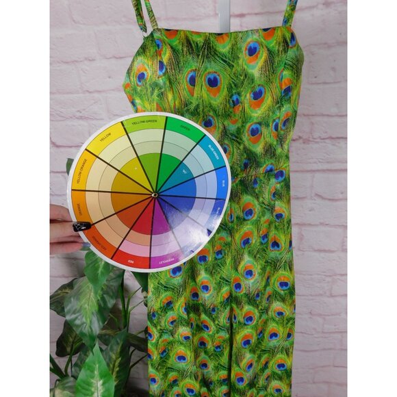 Peacock Feather Print Jumpsuit XS, Boho Festival Style, Adjustable Straps - Picture 9 of 12